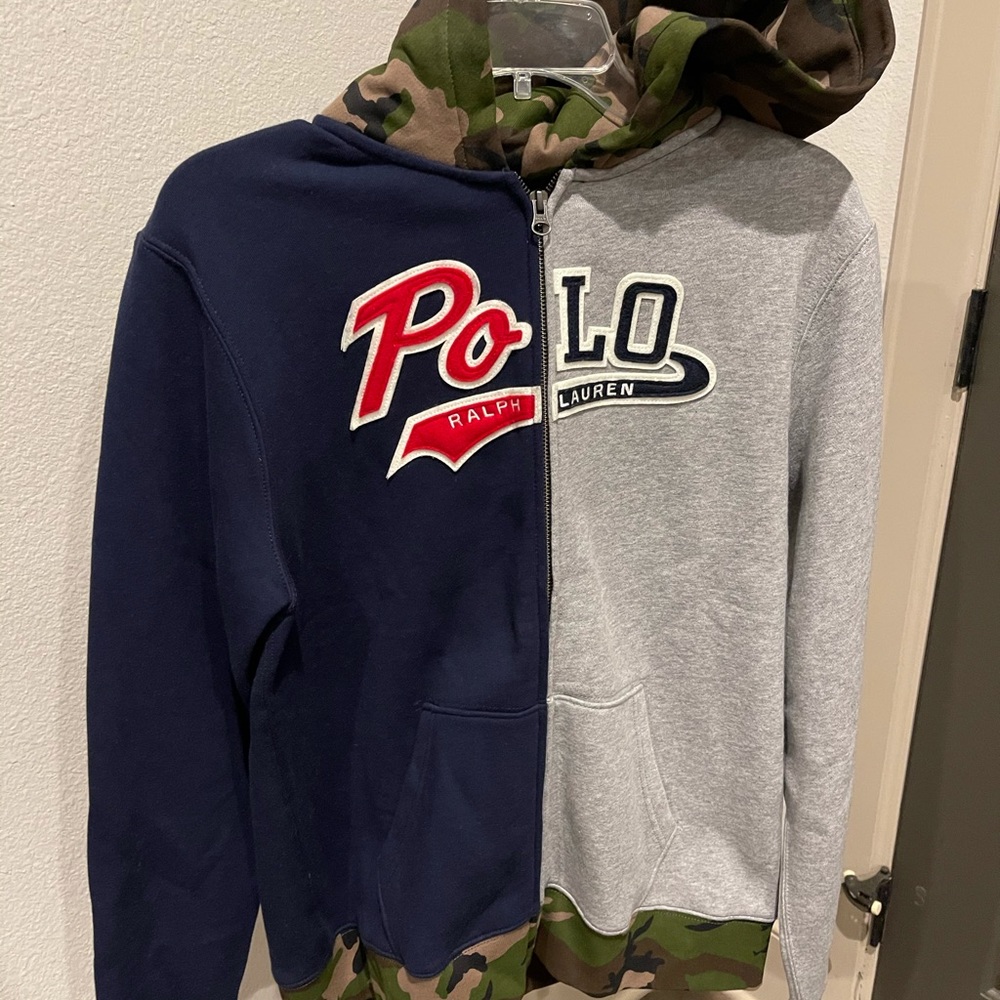 NWT Big Boys POLO Ralph Lauren Fleece Zip Up Hoodie Hood Gray Navy Camo XL 18-20
